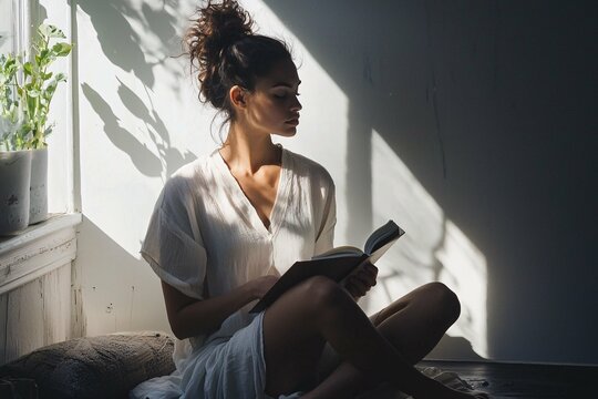 A woman experiences personal clarity in a minimalist studio, journaling her thoughts as soft natural light highlights her focused expression on self-discovery and growth.