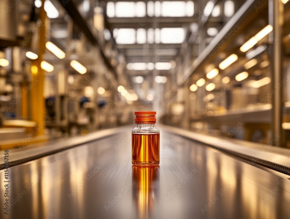 Poster a single bottle is advancing on a conveyor belt in a well-lit factory dedicated to juice production,