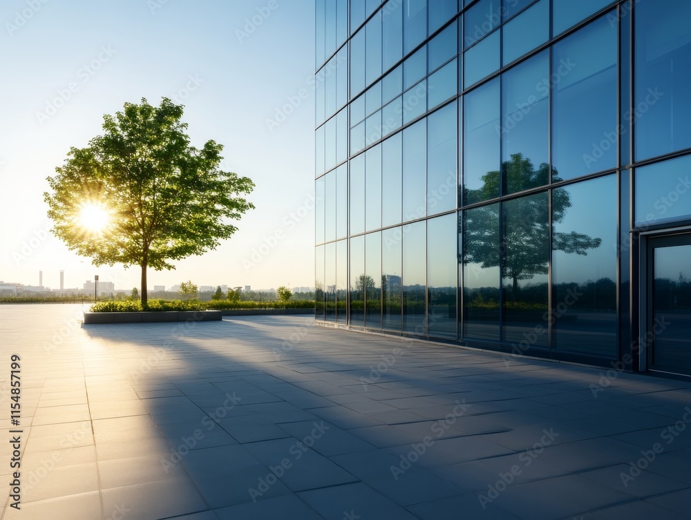Aufkleber a sleek glass office structure stands tall with a vibrant green tree in front, reflecting the blue s
