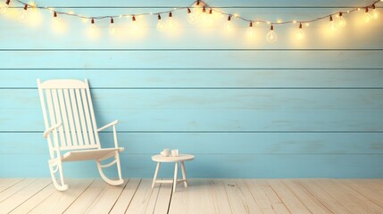 Fototapeta premium Cozy rocking chair and side table with fairy lights against a light blue wood wall.