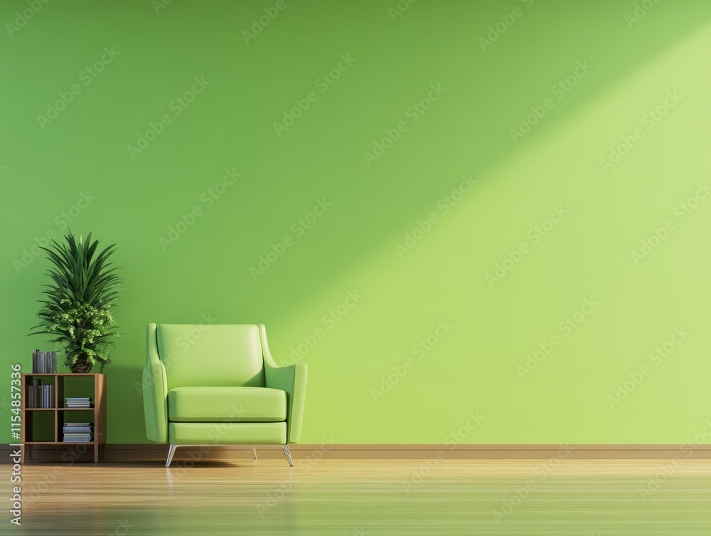 Aufkleber Scandinavian-style living room with a green armchair and matching wall, showcasing a small plant and neat bookshelf, creating a serene atmosphere for relaxation