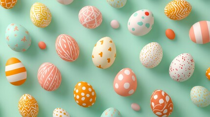 Small, colorful Easter eggs arranged in a random, cheerful pattern on a light green background
