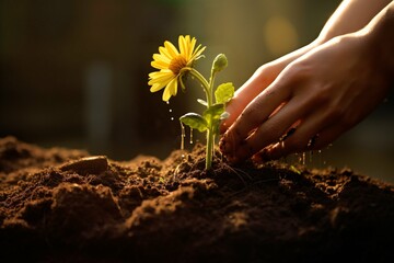 A gardener delicately sows tiny seeds into nurtured soil, symbolizing the bond between nature and care, and the potential for new life.