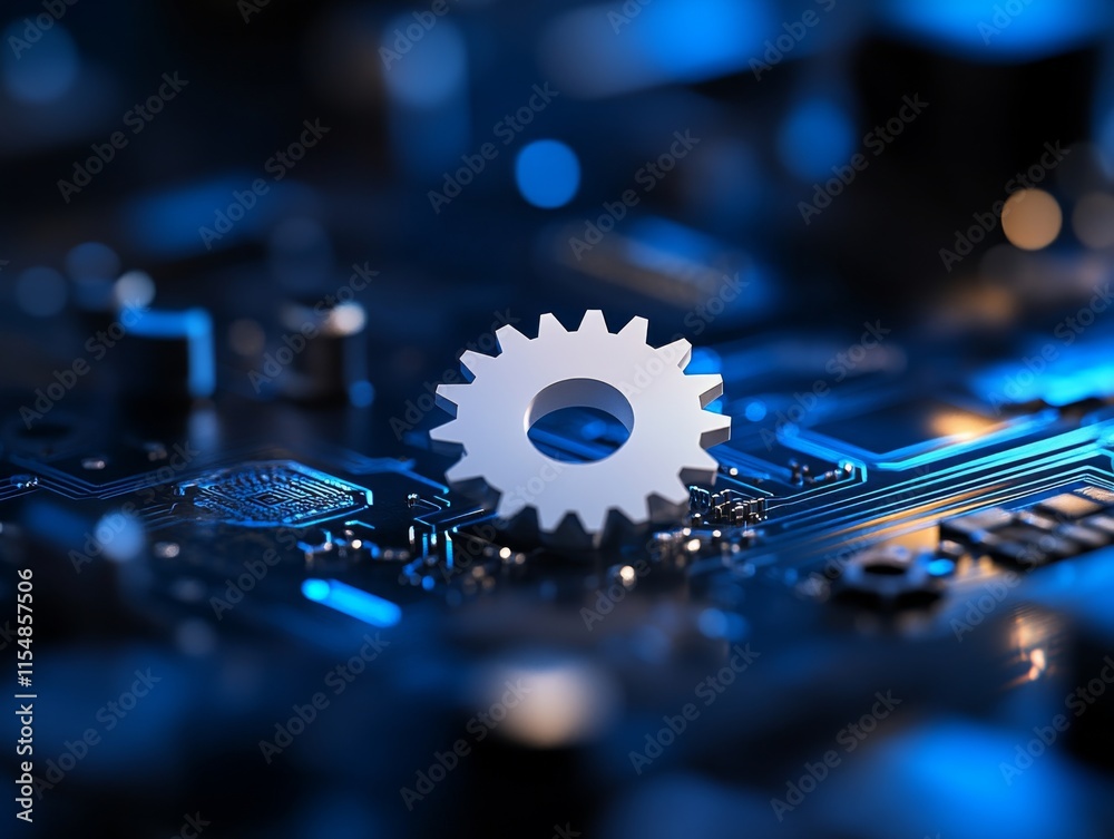 Poster single 3d white gear rests on a metallic circuit board, highlighted by blue lighting, creating a fut