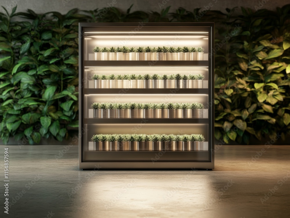 Poster modern cannabis store features a sleek display of premium products illuminated softly against a back