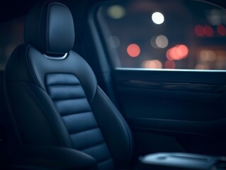 Obraz premium A black leather passenger seat stands out in a luxury car, enhanced by polished accents and soft ambient lighting, creating an elegant environment