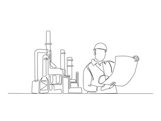 Continuous one line drawing of engineer holding blueprint paper and industrial plant with chimney. Factory architecture concept. Editable vector.
