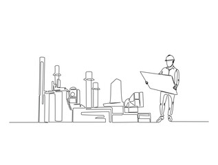 Continuous one line drawing of engineer holding blueprint paper and industrial plant with chimney. Factory architecture concept. Editable vector.