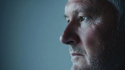 Fototapeta premium This detailed profile reveals a senior professional's face, emphasizing their aged skin and calm expression set against a neutral grey backdrop, leaving room for text