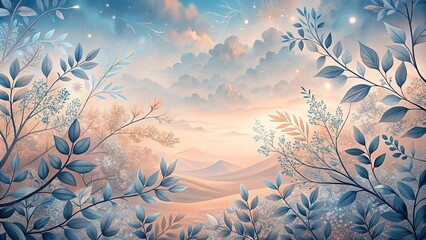 Serene Dreamscape Pastel Hues of a Misty Mountain Valley Framed by Delicate Blue-Toned Foliage