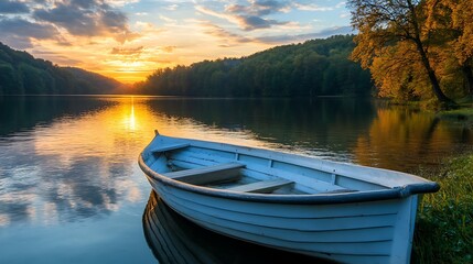 Obraz premium Serene Sunset Lake Boat