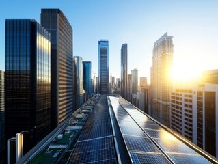 Wide-angle panoramic view captures a modern urban skyline filled with sleek skyscrapers, green rooftops, and solar panels, symbolizing sustainable development