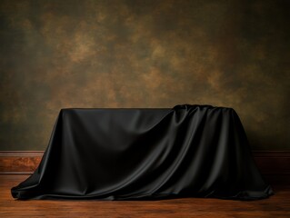 Black silk cascades gracefully over a mahogany table, creating a rich texture against a dark backdrop. Subtle lighting adds depth and drama to the composition