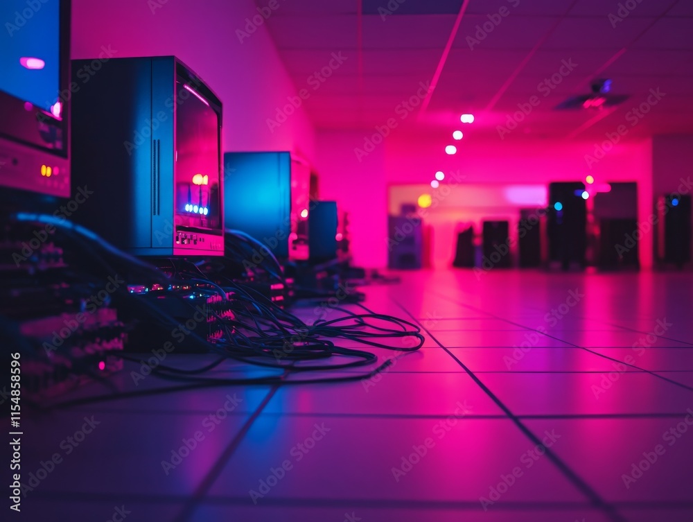 Poster Dimly lit server room features a tangle of cables spilling onto the floor, surrounded by outdated monitors and blinking devices, set in a nostalgic atmosphere