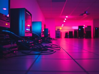 Dimly lit server room features a tangle of cables spilling onto the floor, surrounded by outdated monitors and blinking devices, set in a nostalgic atmosphere