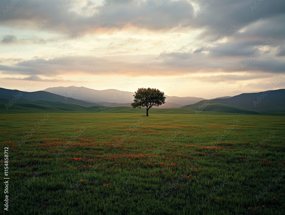 Poster vast green field features vibrant red and yellow wildflowers, with a single tree in the distance und