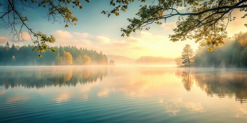 Serene sunrise over a misty lake framed by autumnal trees