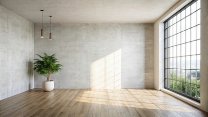 Fototapeta premium Sunlit Empty Room with Concrete Wall and Hardwood Floor