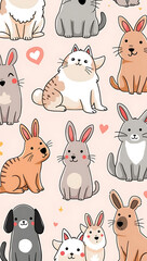 Fototapeta premium A phone HD wallpaper with thick-lined doodles of cute animals like cats, dogs, and rabbits on a solid pastel background.