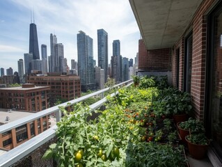 Fototapeta premium Balcony garden bursting with vibrant tomato plants overlooks a stunning urban skyline, illustrating the beauty of creative gardening in city life