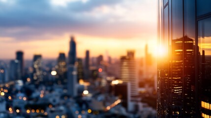 Fototapeta premium Golden Hour Cityscape: Reflective Skyscraper at Sunset