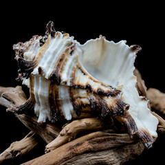 Intricate Spiny Murex Seashell on Driftwood