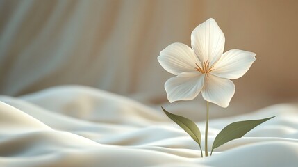 Fototapeta premium Elegant White Flower on Soft Fabric Background with Gentle Lighting