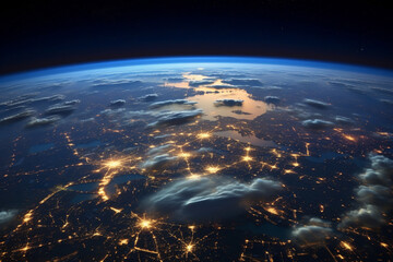 Fototapeta premium A Panoramic View of Earth from Space: Glowing City Lights at Night
