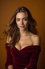 Fototapeta premium Charming Woman in Crimson Velvet Dress for Elegant Campaigns