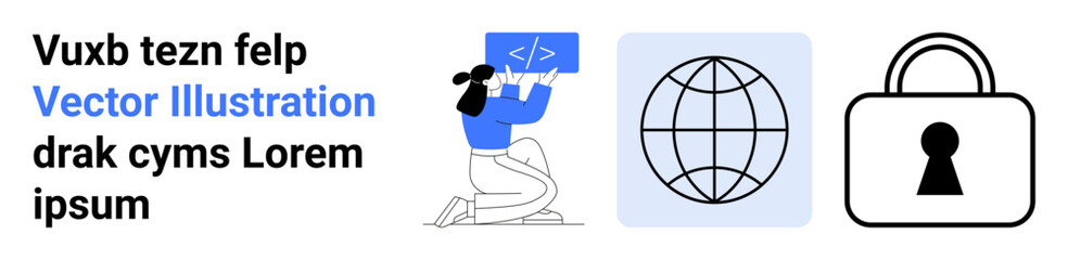 Woman coding on laptop, globe and lock icons illustrating internet and cybersecurity. Ideal for web development, online security, software development, global connectivity, coding tutorials, tech