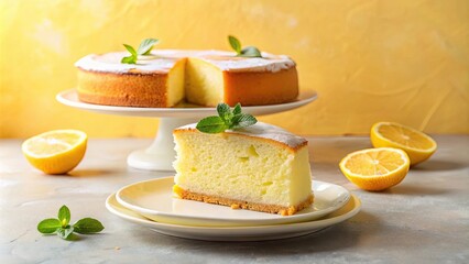A delightful slice of lemon cake, delicately dusted with powdered sugar, rests on a plate, accompanied by fresh lemon halves and a sprig of mint, alongside a whole cake on a cake stand.