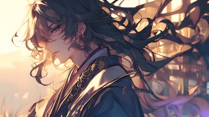 Cute anime young male character with long shiny hair, set against a soft, detailed background, digital artwork.