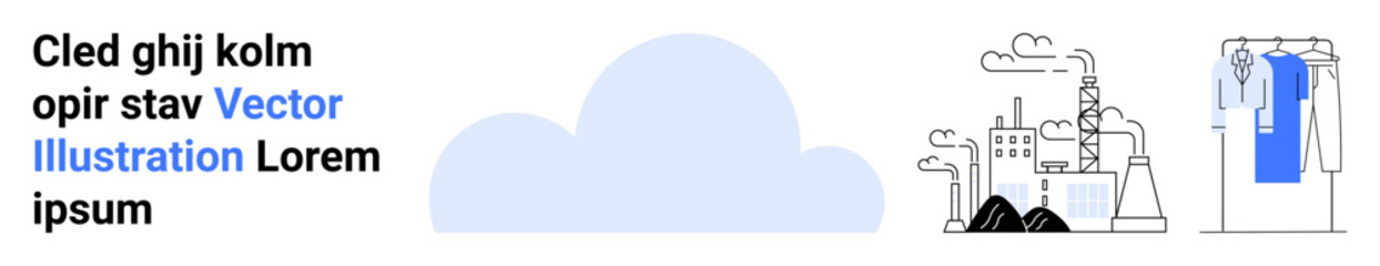 Cloud in center flanked by industrial factory and eco-friendly clothing hanger with shirt emphasizes environmental impact, sustainability, industry, and fashion. Ideal for ecology, industry, fashion