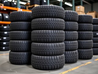 Stacked New Car Tires Rubber Automotive Warehouse