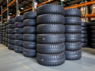 Stacks of New Car Tires in Warehouse Automotive Industry Rubber Transportation