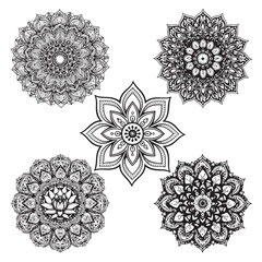 Black and White Mandala Set Perfect for Coloring, Tattoos, and Decor Vector Illustrations