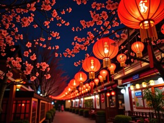 Lantern Festival Night Cherry Blossoms Asian Street Scene