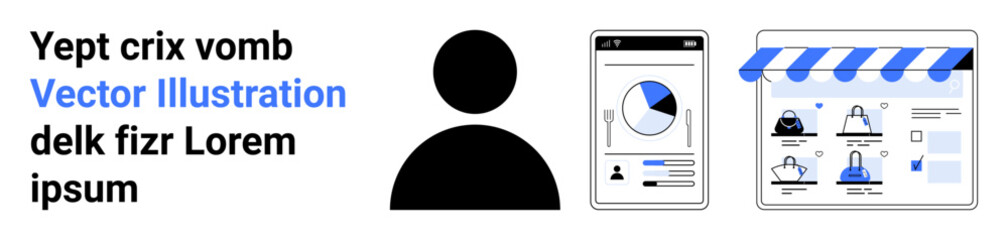 User silhouette next to a smartphone displaying analytics, and a shopping interface with product icons. Ideal for e-commerce, user profiles, analytics tracking, online shopping, mobile apps, digital