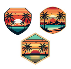 Summer sunset tropical beach vector illustration. Retro vintage summer design for t-shirt