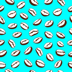 Coffee beans seamless pattern. Coffee beans motif on blue background for coffee shop background, packaging, wrapper