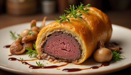 Classic Beef Wellington with Mushroom Sauce and Microgreens