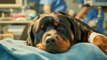 A Concerned Rottweiler with Intravenous Line at Veterinary Clinic with Medical Staff in the Background Attending to Pet Care and Treatment