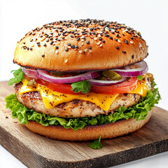 Photorealistic Spicy Chicken Cheeseburger on White Background