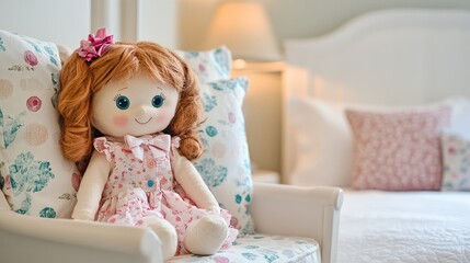 Fototapeta premium Charming Vintage Doll Sitting in a Cozy Bedroom Setting