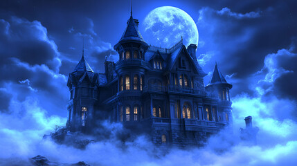 Enigmatic Mansion on a Misty Peak Under a Blue Moon, Secrets and Mysteries Unveiled at Night