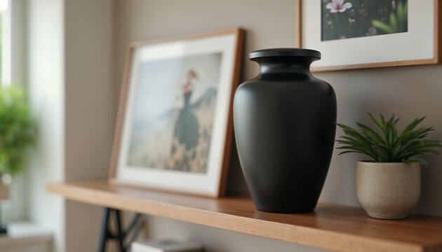 Modern funeral urn with matte black finish on wooden shelf in serene home setting with framed photos