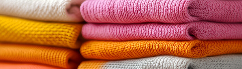Soft Knitwear Stack, Colorful Sweaters, Texture, Warmth, Fashionable Apparel, Autumn Winter