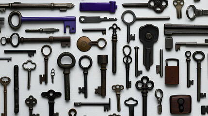 Obraz premium Antique Key Collection, A Vintage Key Arrangement on White Background