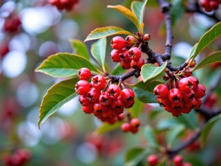 Fototapeta premium Lush Red Berries on Green Bush Autumn Nature Scene
