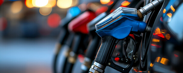 Fuel Nozzle at Night, City Lights Reflect, Glowing Brightly.  A Close-Up View of the Nozzle's Design, Fueling Up
